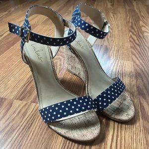 Lulus Whitney Blue and White Polka Dot Wedge Sandals!